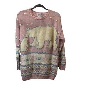 PBJ Sport Vintage Polar Bear Light Pink White Pom Pom Sweater Womens Size M